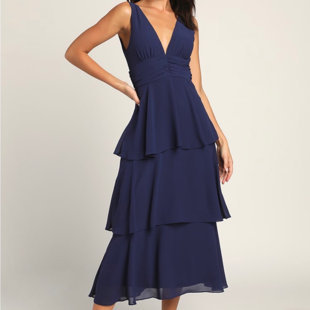 Lulus Celebration Time Navy Blue Sleeveless Tiered Midi Dress